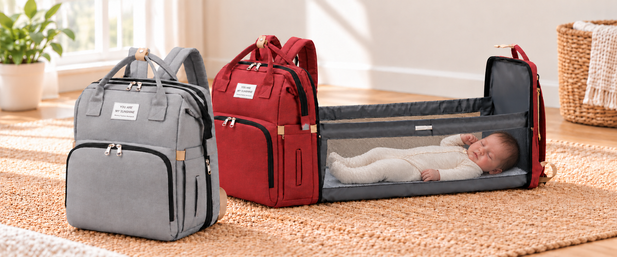 Grijze en rode luiertas met een baby in het uitgevouwen compartiment, in een lichte woonkamer