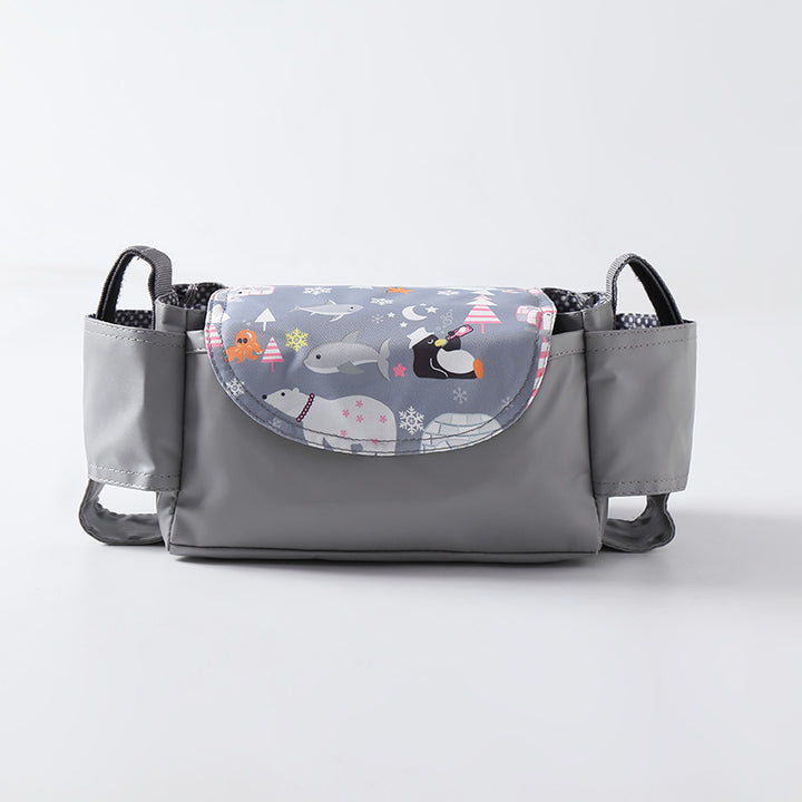 Grijze kinderwagen organizer met dierenprint en twee zijvakken
