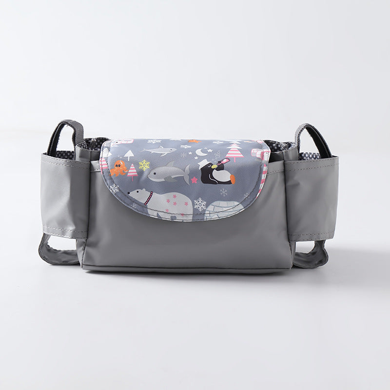 Grijze kinderwagen organizer met dierenprint en twee zijvakken