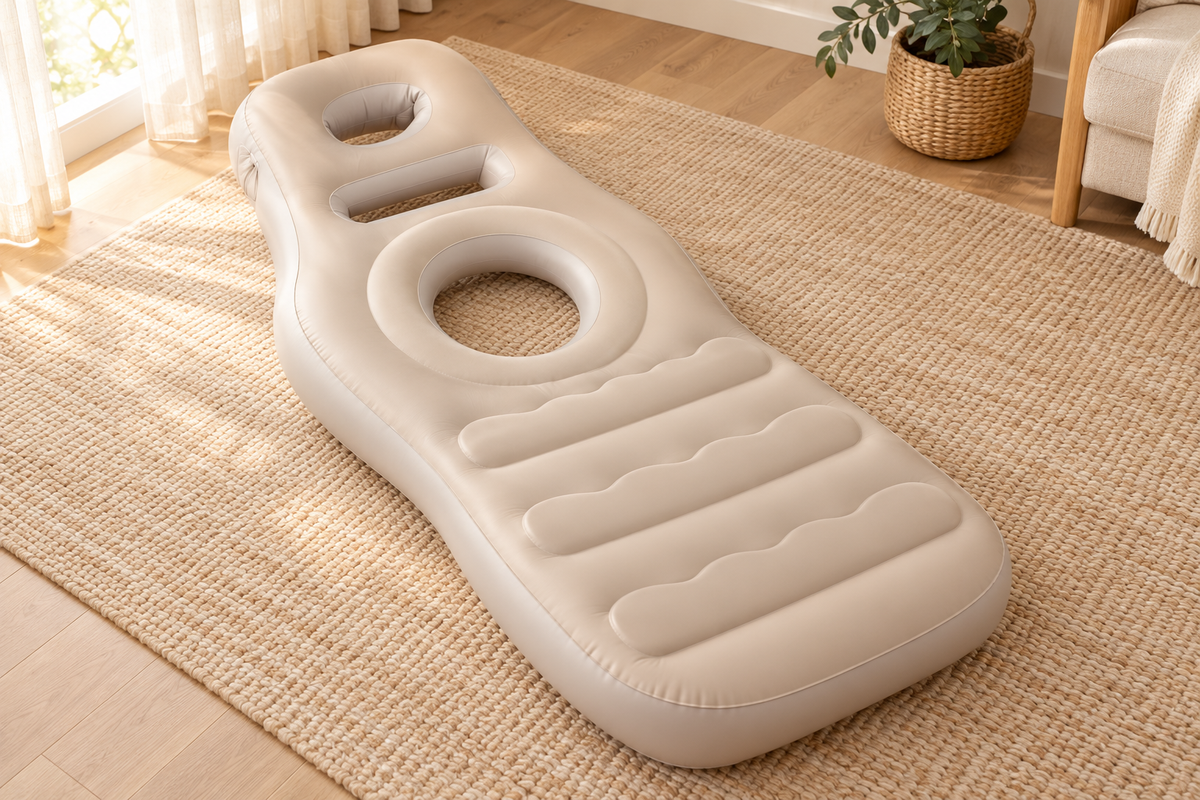 Beige maternity cushion seen at an angle on a rug