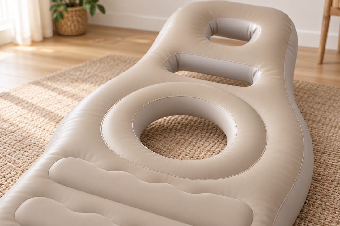 Close-up of the round belly opening in the beige maternity cushion